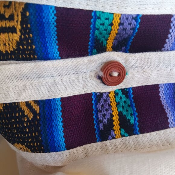 2XL Mens Guatemalan Long-Sleeve White Cotton Shirt Multicolor Striped Accent - Picture 9 of 9